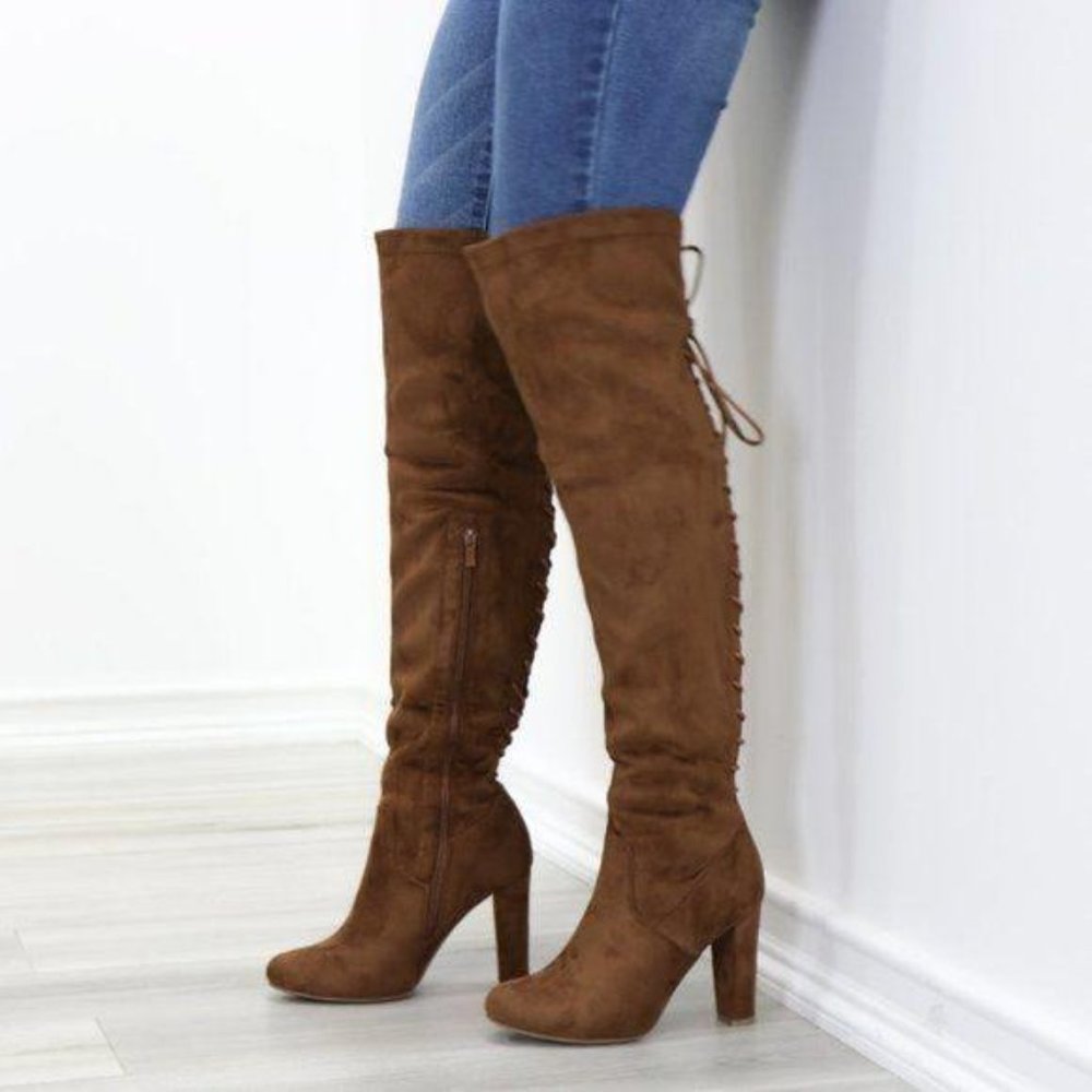 Suede Over The Knee Heeled Boots With Lace Up Back - Picture 11 of 13